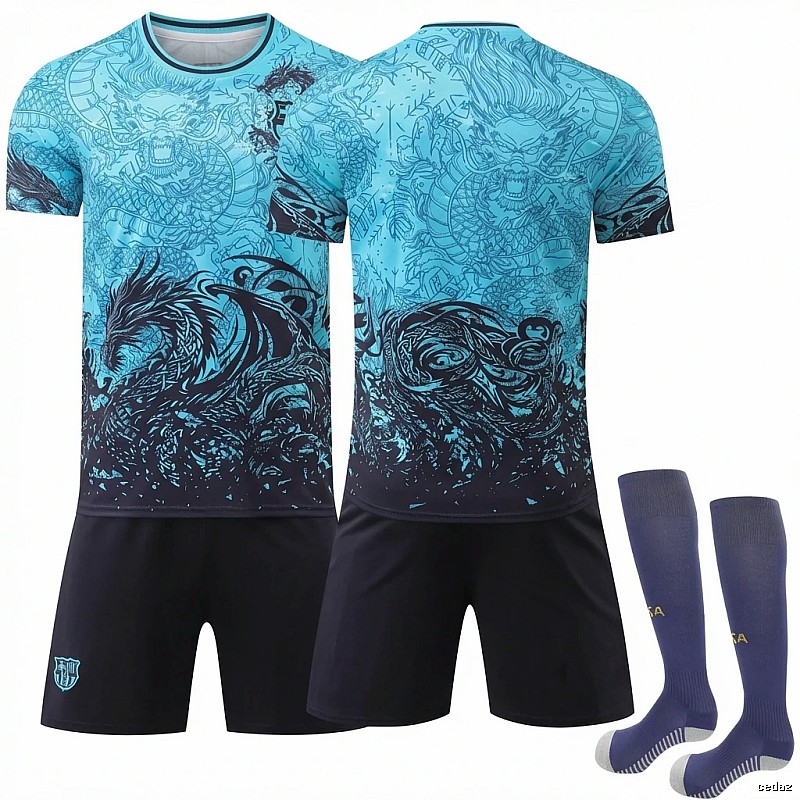 Barcelona trendy brand dragon pattern blue and black jersey