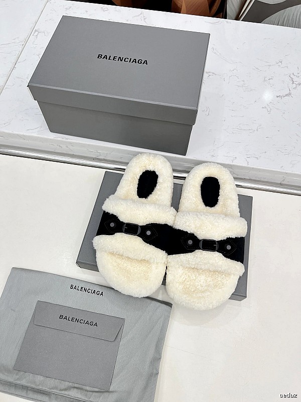 Fuzzy Slide Slippers by Balenciaga with Cream Shearling-look Strap