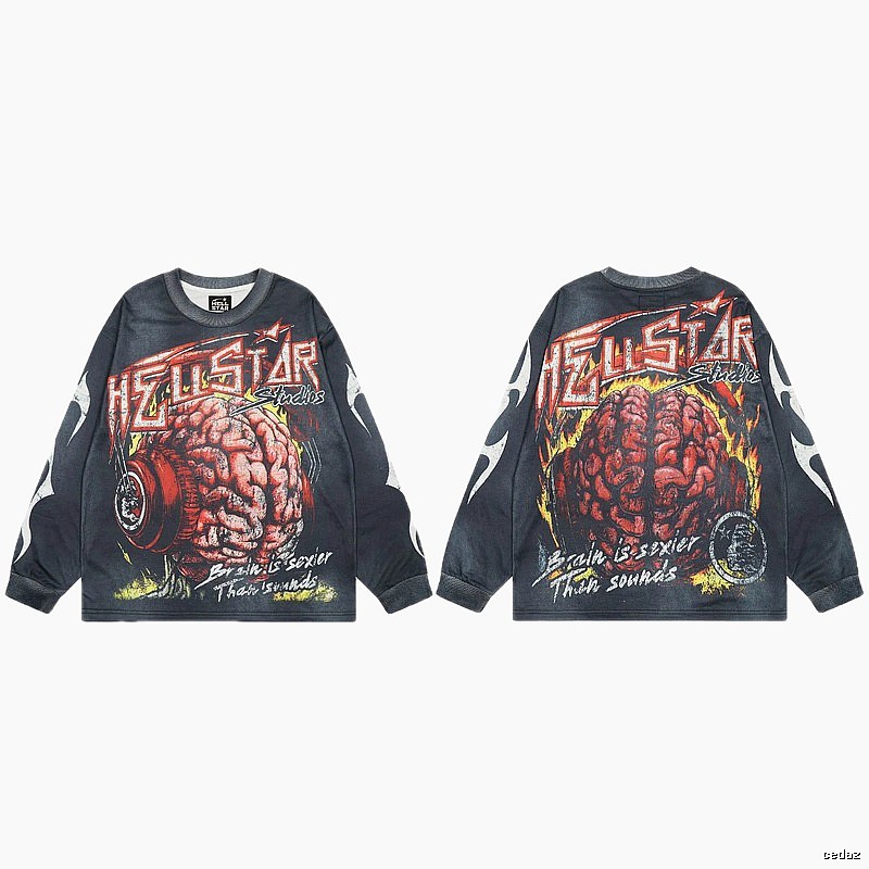 Hellstar Brain Print Street Style Charcoal Black Long-Sleeve T-Shirt