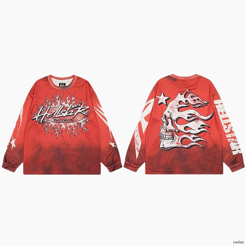 Hellstar Skull Flame Street Style Red Long Sleeve T-shirt