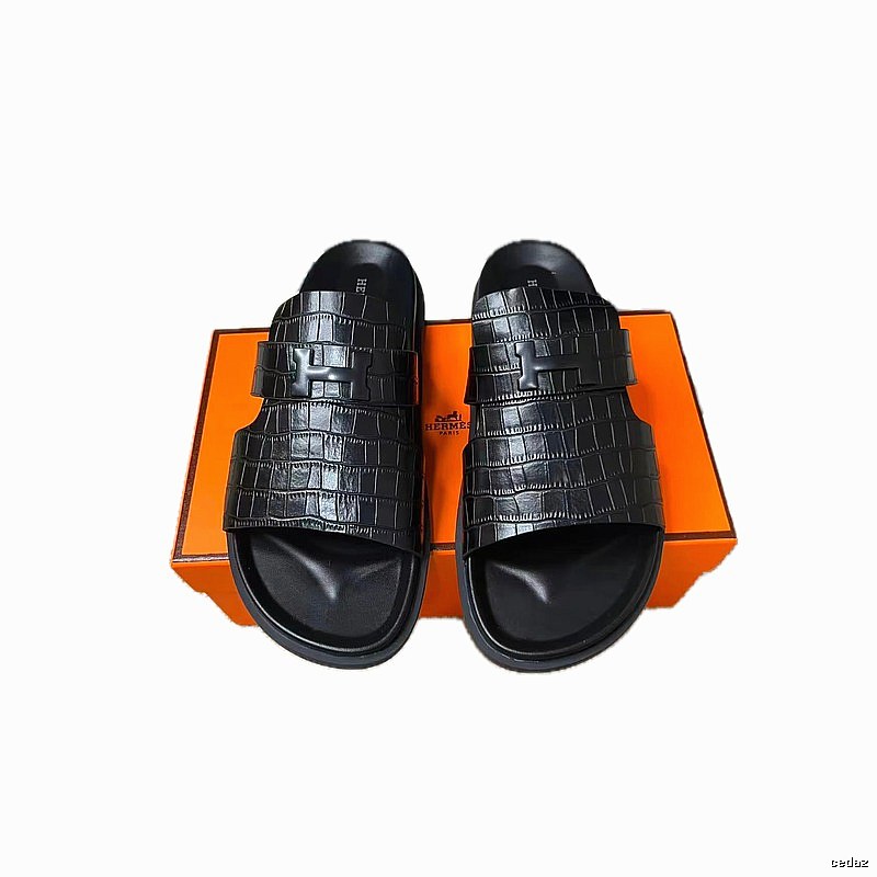 Hermès H-Buckle Crocodile Pattern Light Luxury Style Black Slide Sandals