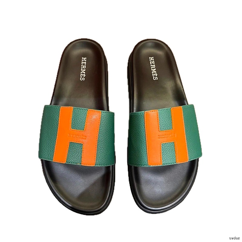 Hermès H Collection Casual Style Green and Orange Color-block Slide Sandals