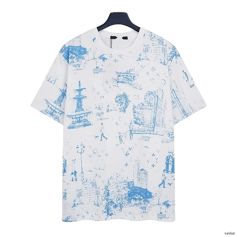 Louis Vuitton City Print Casual Style White and Blue T-Shirt