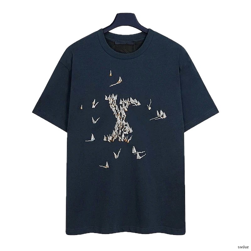 Louis Vuitton Light Luxury Style Navy Blue T-Shirt with Sailing Boat Embroidery