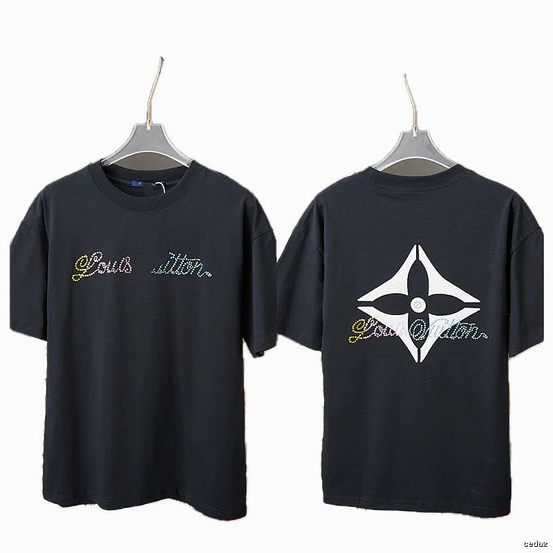 Louis Vuitton Trendy Style Black T-shirt with Hot-fix Rhinestones
