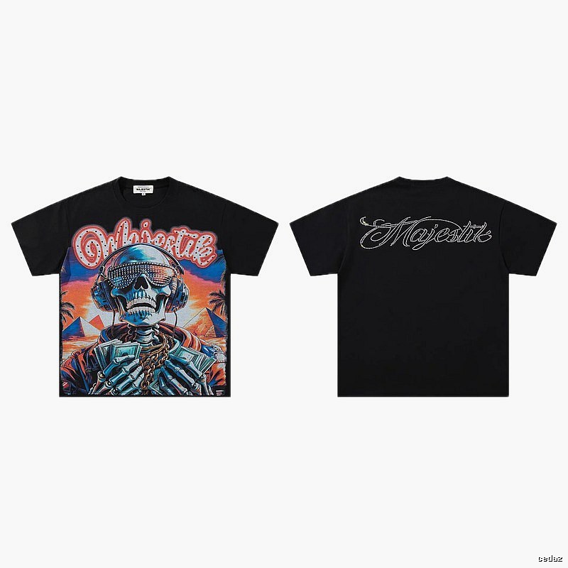 MAJESTIK Skull Print Hip-hop Style Black T-shirt