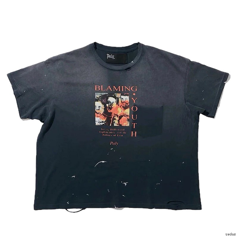 Paly Hollywood Distressed Print Vintage Charcoal Black T-Shirt