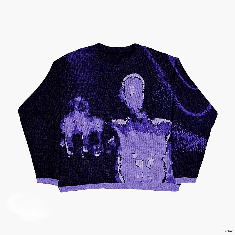 Patterned Anime graphic sweater Black Knit Top with Signature Styling