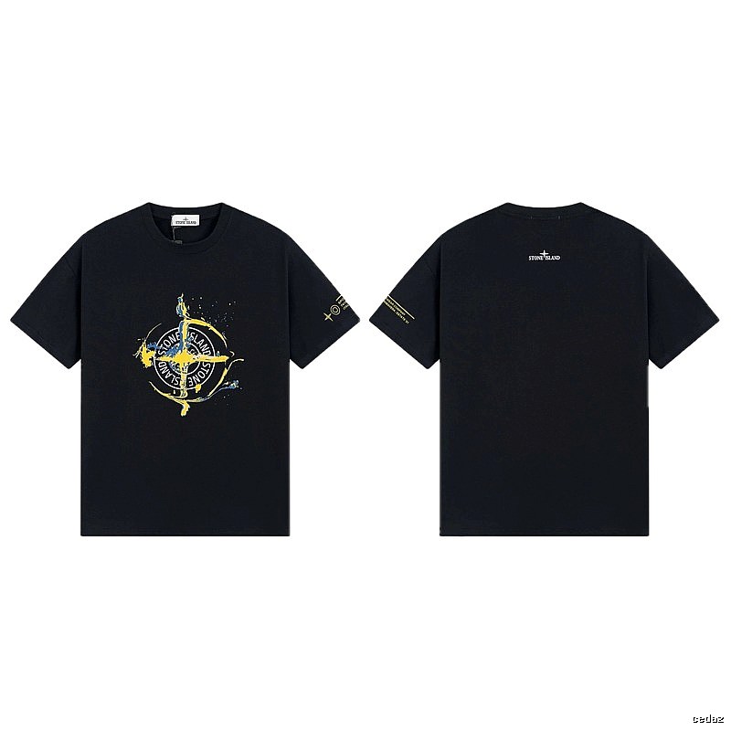 Stone Island Ink-splattered Street Style Black Short-sleeve T-shirt