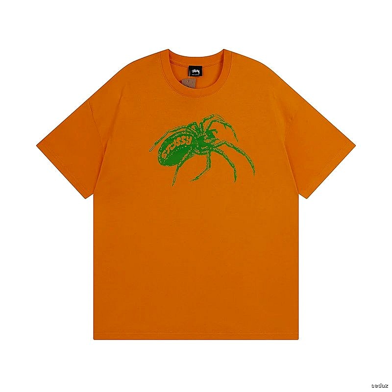 Stussy Orange Spider Graphic T-Shirt Streetwear Look Logo