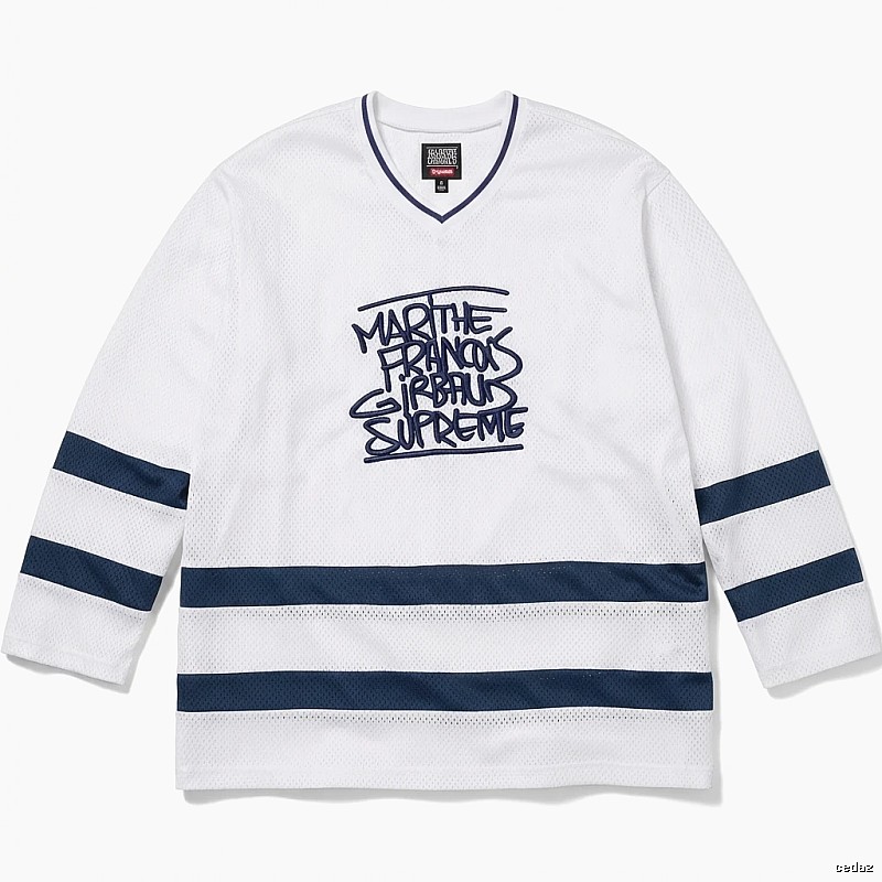 Supreme graffiti-style white and blue jersey