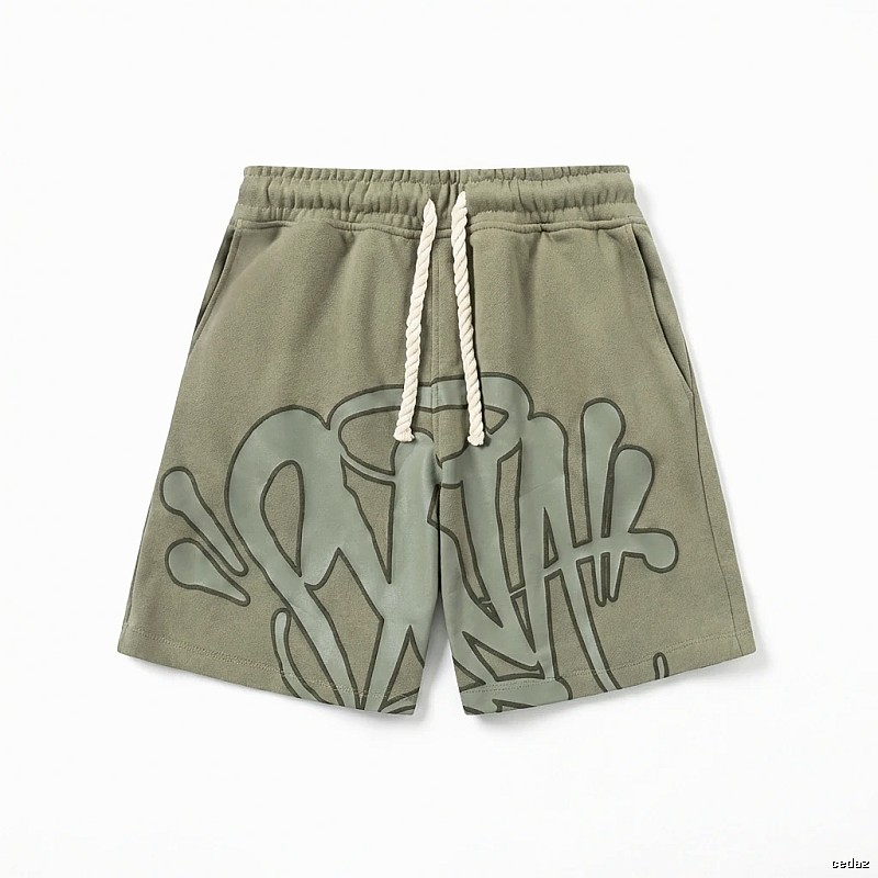 SynaWorld graffiti-style military green shorts