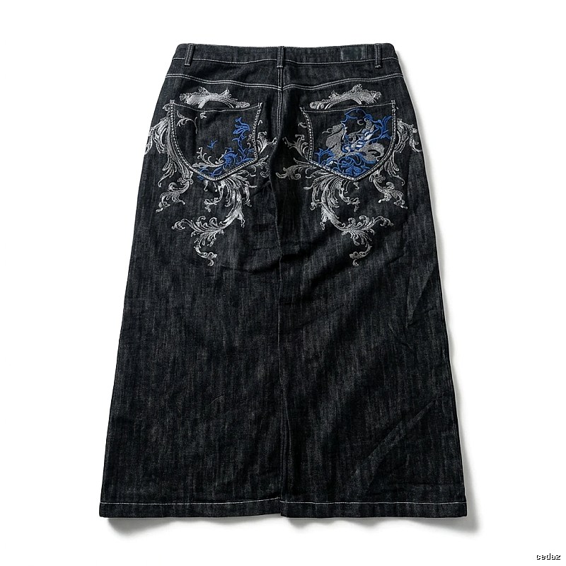 Y2K Style Deep Blue Embroidered Denim Skirt
